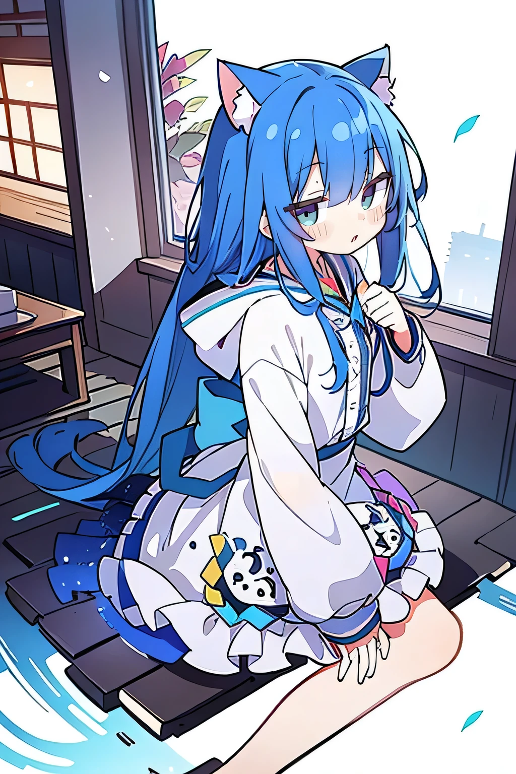(masterpiece:1.2),Super detailed,lifelike,Expressive eyes,fair skin,perfect face shape,1 girl,
Japanese comics,Gorgeous blue hair,flowing blue hair,flowing clothes,Cat ears,Petals fall,beautiful lola,Baby Angel,
Shaking head with one hand,Cross your legs,Gentle and peaceful background,The pavilion is cool and comfortable,smile, wearing hoodie, background of tokyo,back views,snowing, winter.