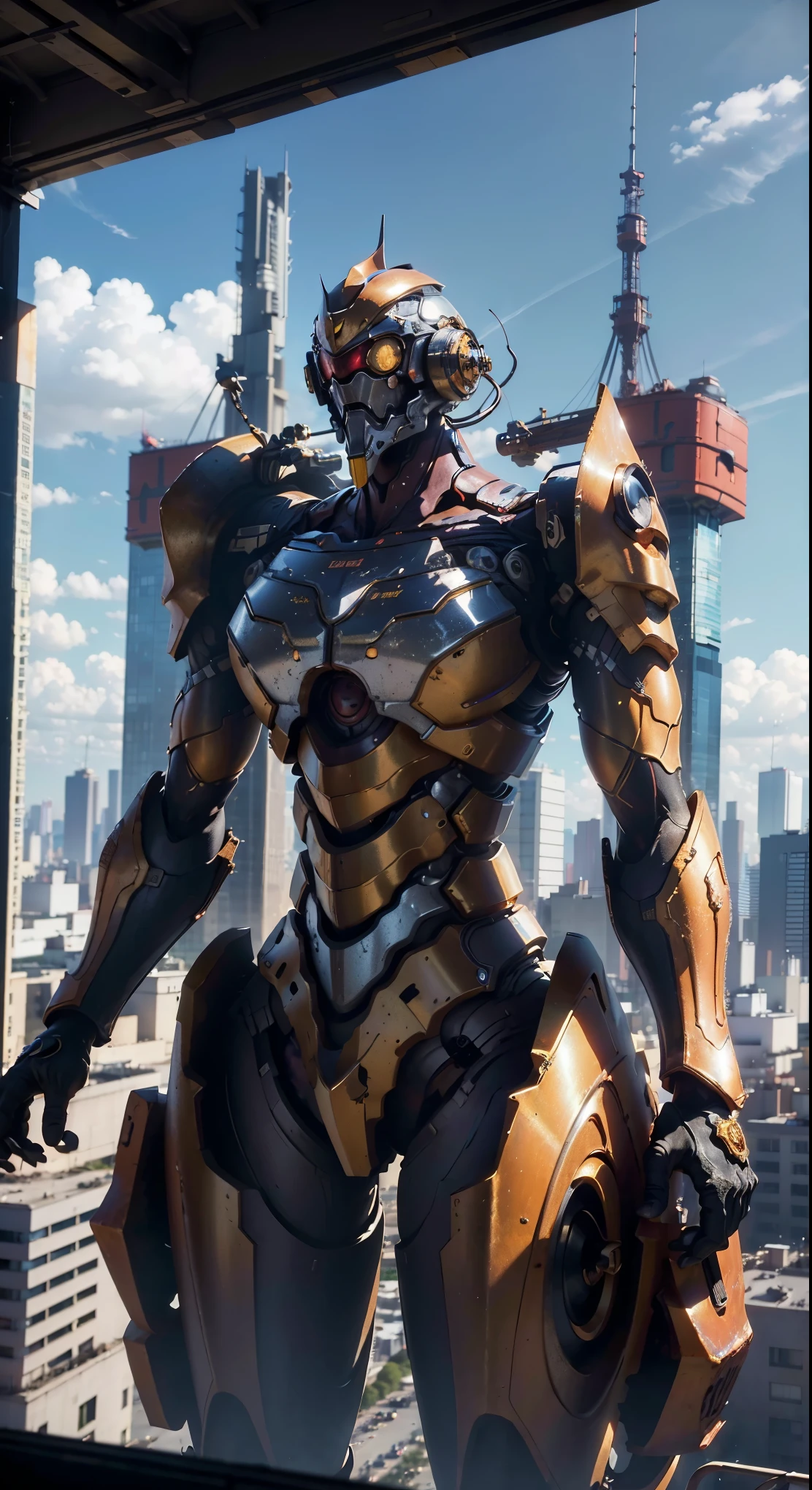 (best quality, 4k, highres, ultra-detailed, realistic:1.37), HDR, bright lighting, vibrant colors, massive machinery, enormous humanoid robot, breathtaking view from the top of a building, intricate cable network attached to the back, bustling city of Tokyo, meticulous attention to detail, lifelike rendering of the organic body, slender figure, metallic armor shining on top.