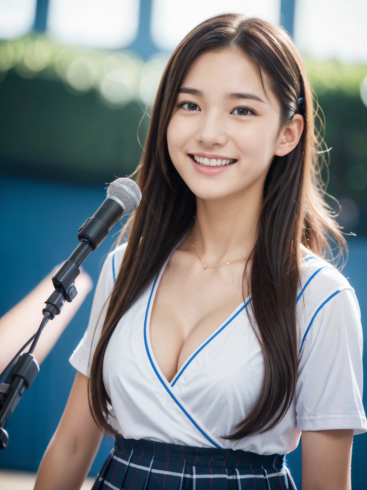 アイドルのようにvery cute、歳のYoung faceのhigh school st, Young face、very cute、Smiling Kindly、High School Cultural Festival、Cultural Festival Live、High School Uniform、High はCleavageが見えるデザイン、Cleavage、Singing on the gymnasium stage、In front of the students、Full body portrait、 Natural light、Accurate、Anatomically correct、Textured skin、Super Detail、 Attention to detail、highest quality、High resolution、Real、realism、Raw photo、Genuine、masterpiece、Guitar Heroine、high school student、Live at the gym