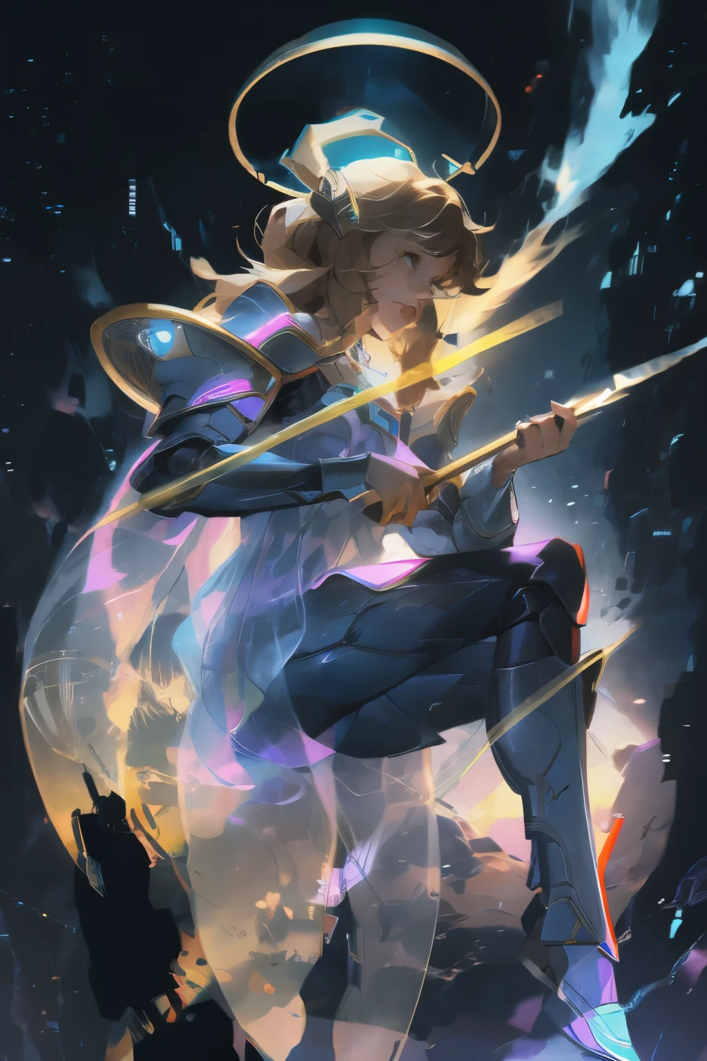 Big black eyes, Halo, Light Brown Wavy Long Hair, Black and blue sci-fi armor, Sci-fi style, high quality, atmosphere, war