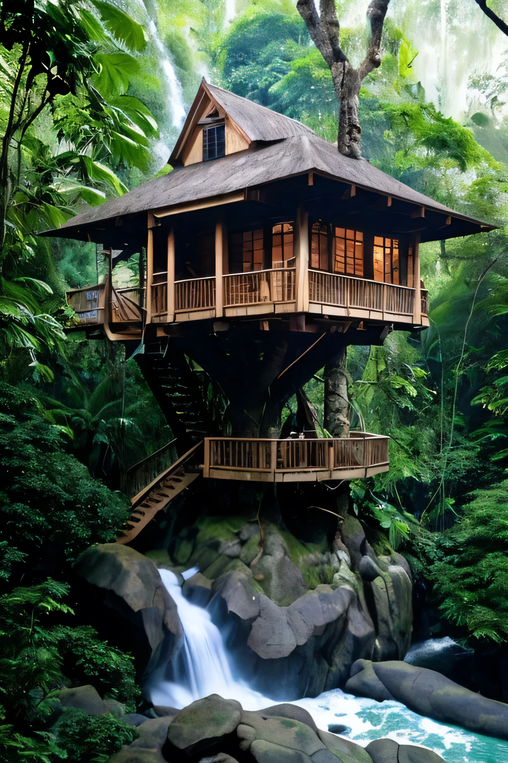 Perfection The Coolest tree house on a large rock in the middle of the jungle in The morning with waterfall, flowers in front of the house and trees on both sides of the house