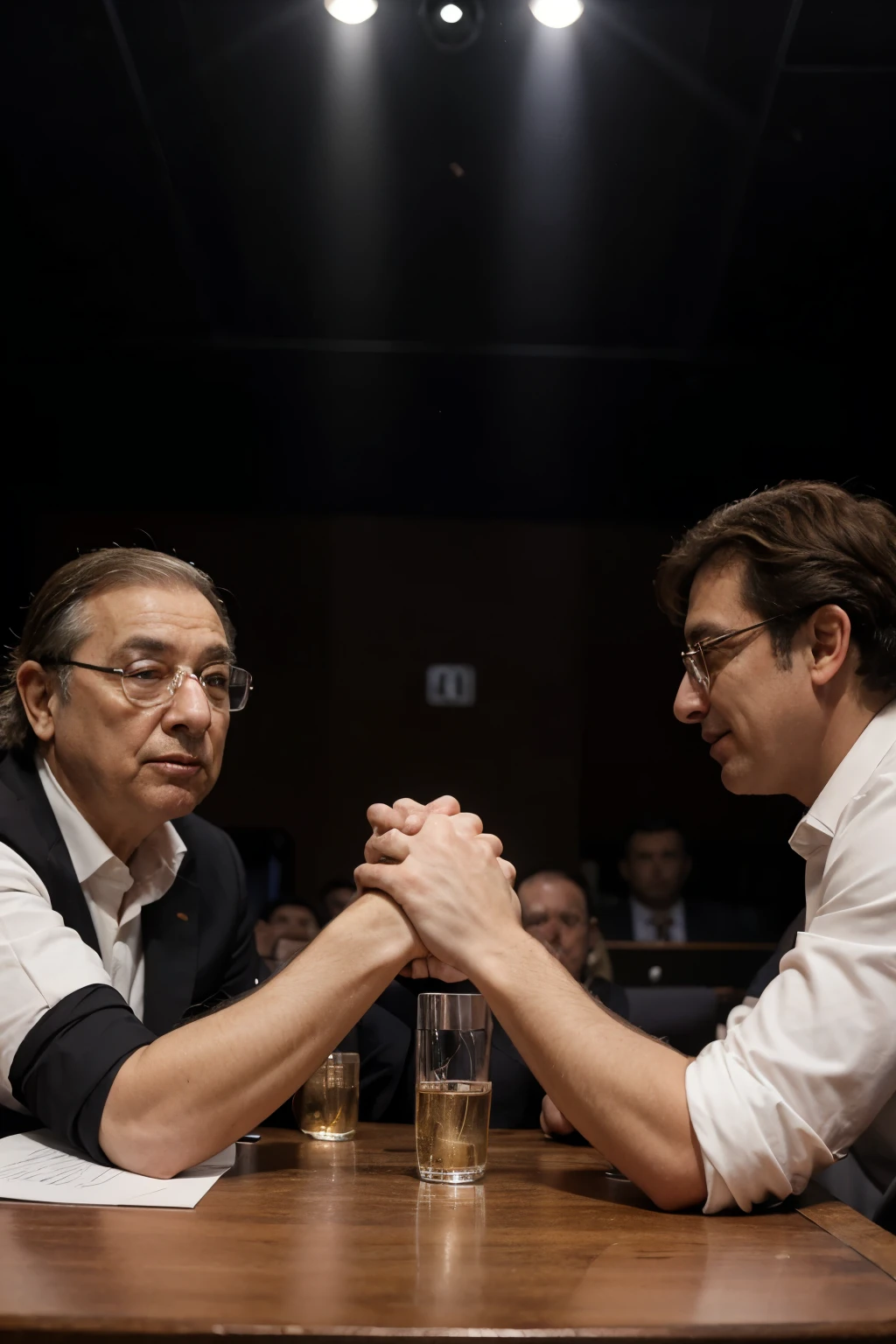 Please draw me a picture of Florentino Perez, the president of Real Madrid, and Lorenzo Sanz, the former president of Real Madrid, arm wrestling, but Sanz has the upper hand