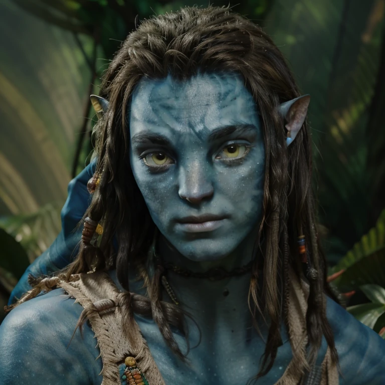 avatar style, portrait:1.6, 1boy, male, naavi, (AvSpider), (blue skin tone:1.0), (long hair:1.0), dreadlocks, black hair color, (yellow eyes), pointy ears, (young adult), 18 years old:1, face wrinkles, wearing tribal clothing, detailed eyes, toned body, muscled body, vibrant colors, glowing, ethereal atmosphere, surrealistic dreamy lighting, textured skin, otherworldly beauty, mesmerizing photography, (best quality, highres), vivid colors, ultrarealistic, skin details, striped skin, sfw, face close-up:0.5, ultradetailed body