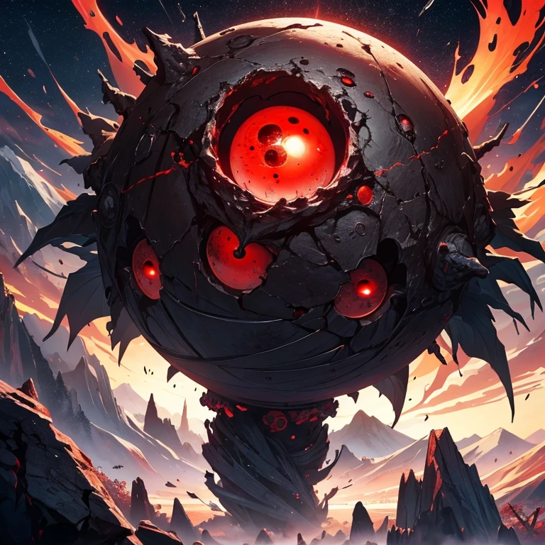 (Masterpiece、complicated)A monster made up of a giant red-black eyeball and a meteorite。The background is space