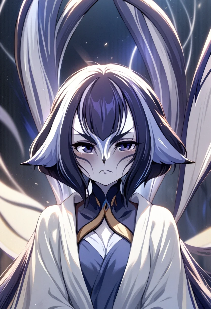 (shylily/(Twich/):1.5),(masterpiece:1.2),(best quality:1.2),1 girl, Solitary, tattered white robe, Sophisticated white lab coat, Tear black, Black Tip, Side braids, Serious expression, Alien laboratory in the background