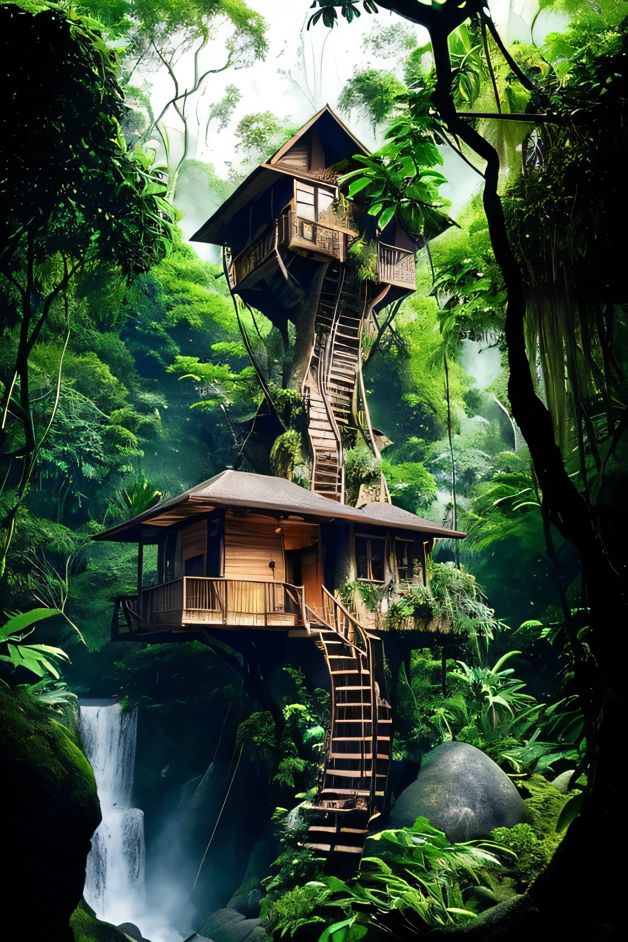 Perfection The Coolest tree house on a large rock in the middle of the jungle in The morning with waterfall, flowers in front of the house and trees on both sides of the house