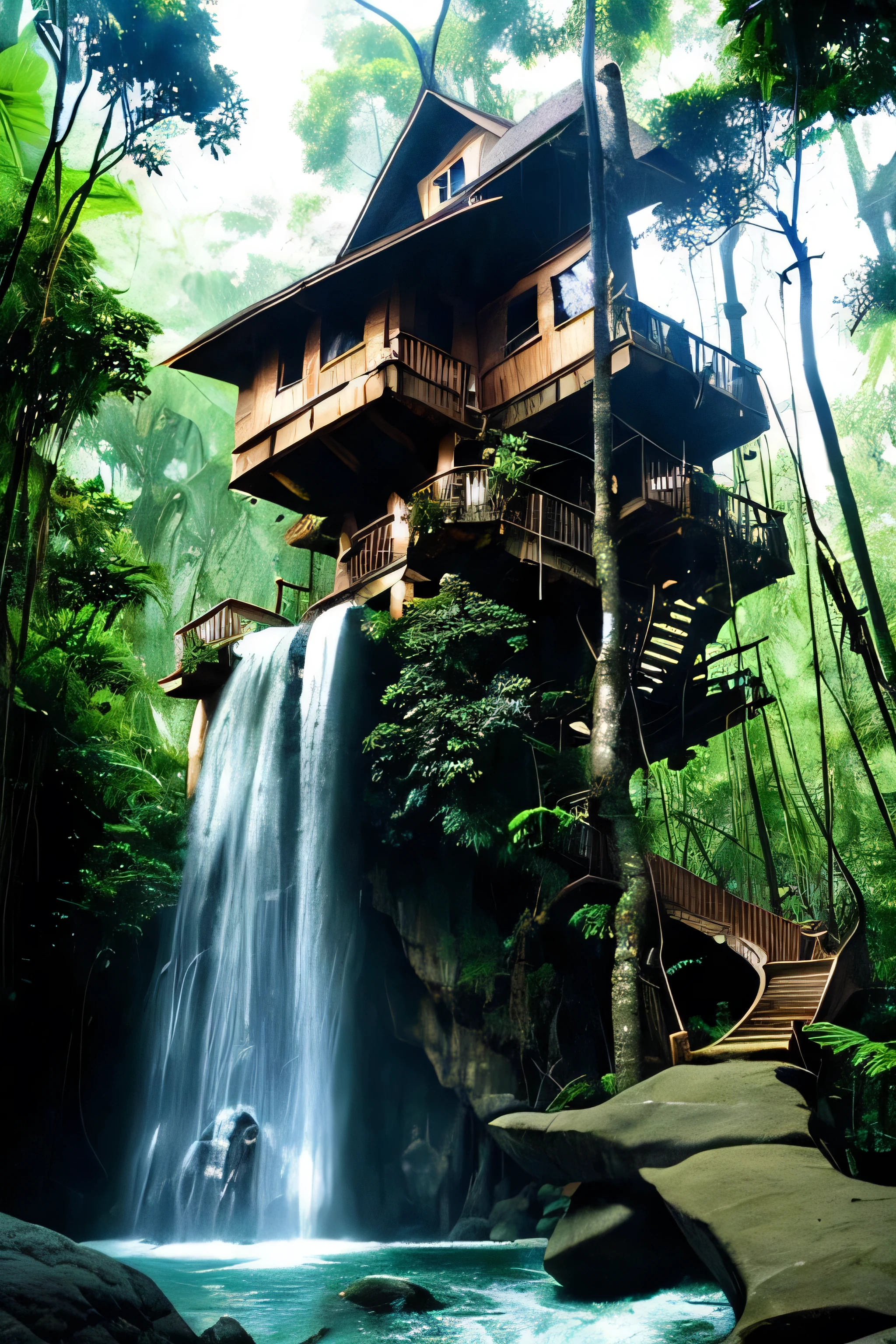 Perfection The Coolest tree house on a large rock in the middle of the jungle in The morning with waterfall, flowers in front of the house and trees on both sides of the house