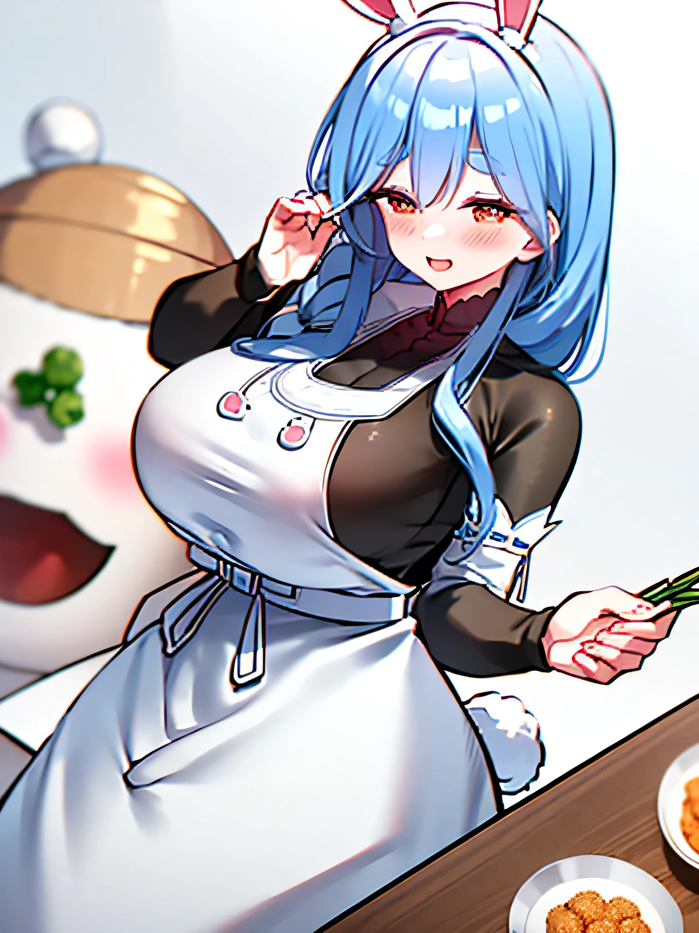 (Best Quality, Masterpiece),sexy mommy, Front cover of a women's cooking magazine,  erotic, 18+, nsfw, 1girl, 30 years old, stunning, cute, smile, hourglass figure, Maid costume, beautiful food, text, diagrams, advertisements, magazine title,                                                                                      long blue hair,blue detailed sparkling eyes,One strand of hair hangs down over his forehead