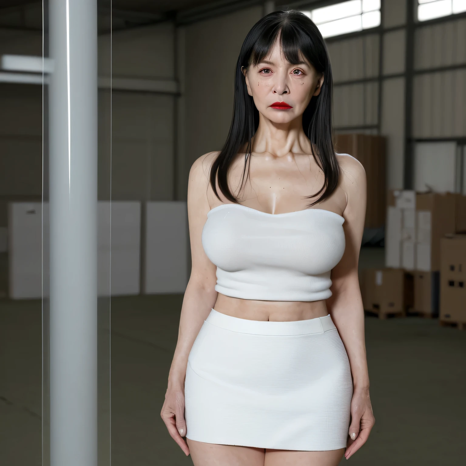high resolution, high resolution, Attention to detail, masterpiece, textured skin, Anatomically correct, sharp,((Japan)),(80 years old:1.4), Solitary, Facial wrinkles, Lush plump breasts, Black long hair,Bangs, ((stand upright, Center the screen)), Mouth tightly shut,Serious face,(Look at the photographer:1.2),(Standing:1.2),Inside the warehouse,(Serious expression:1.4),(Transparent tops:1.2),(White tight skirt:1.3),(Old woman:1.3),(Sad expression:1.0),(Naked:1.2),cleveage:1.1,Bright red lipstick