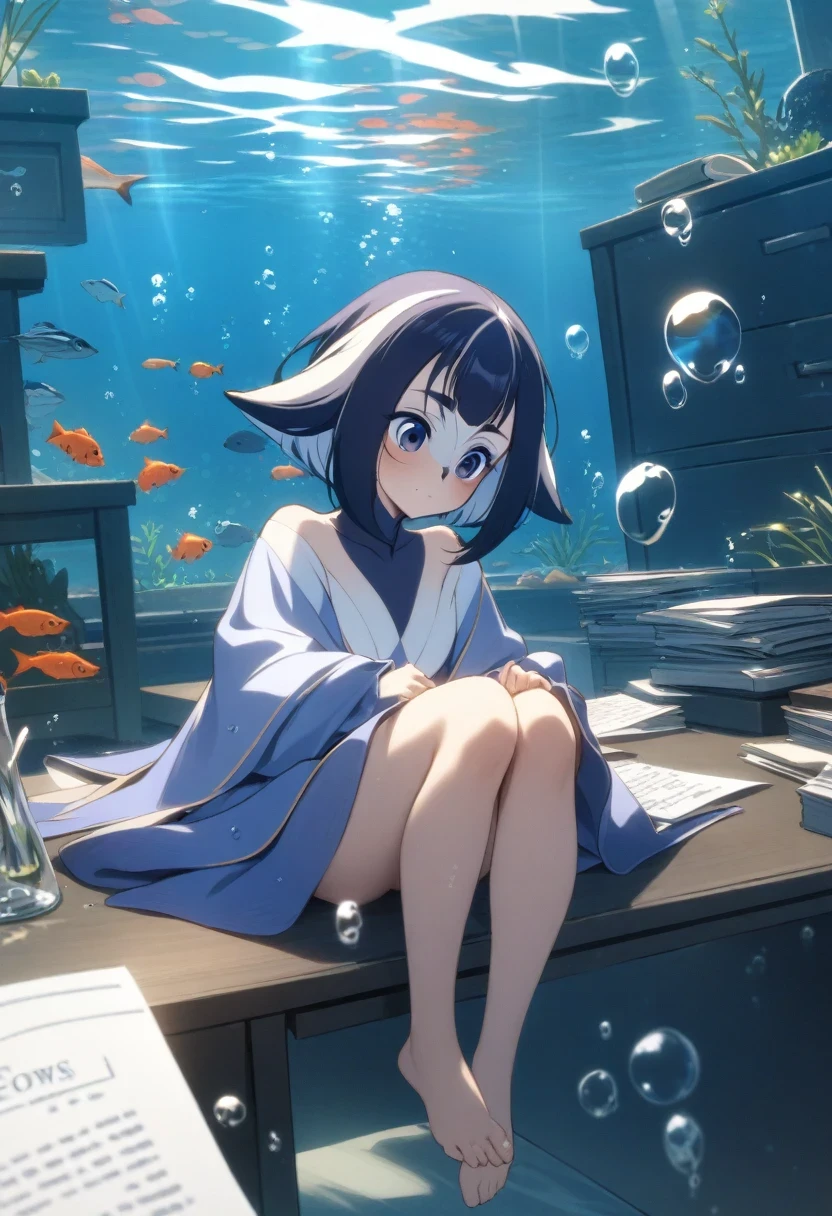 (shylily/(Twich/):1.5),(masterpiece:1.2),(best quality:1.2), Flower head, cute、smallest, small, piece, Long sleeve, sit, barefoot, indoors, Naked, desk, knee, paperwork, (fish, bubble, Underwater, bubble),