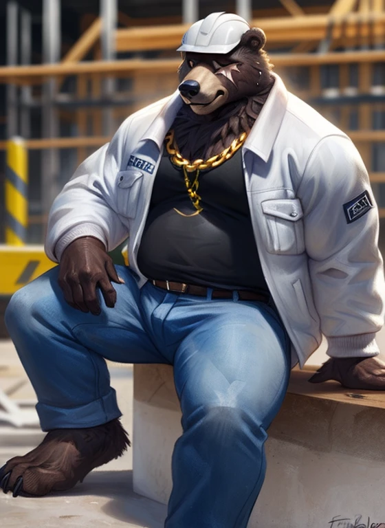 Ben (priceless zone zero), (by Taran Fiddler), (by DarkGem:0.8), (horse like:0.8), Masterpiece, (((detailed fluffy wool))), I look at the viewer, Scar, seductive, ((Eyes in the bedroom)), bear, brown wool, wool, Male, (courageous:1.3), full body view, Muscular intestine, ((Background of the construction site, sunlight, Sun rays)), sitting on the concrete, ((white construction jacket)), ((blue construction jeans)), Construction tools, belt, (helmet), ((sweating, sweaty, sweat)), ((gold chain))
