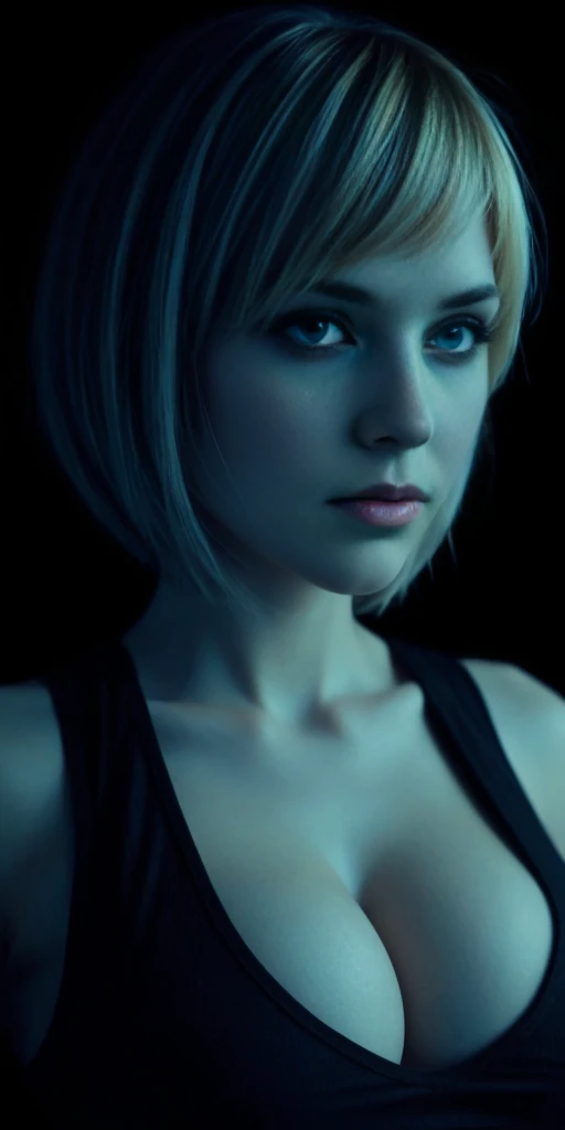 Detailed face, detailed, full lips, hair blond bob cut, big boob, large breasts, black tank top
