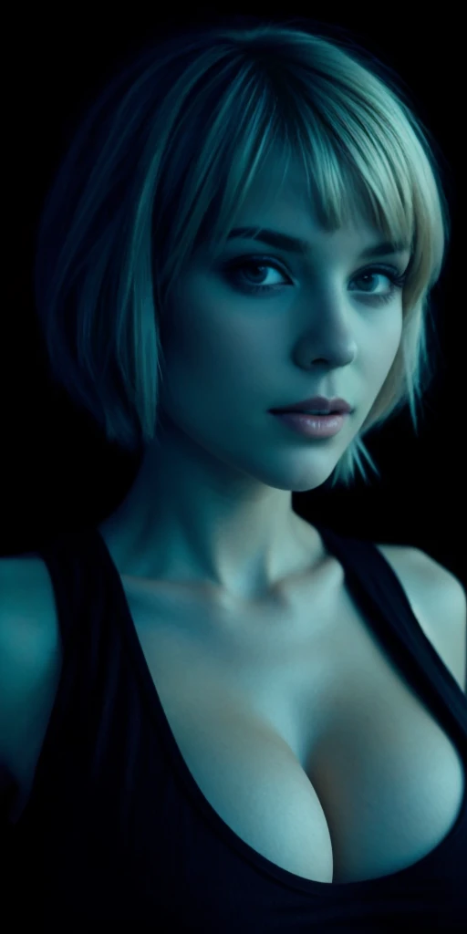 Detailed face, detailed, full lips, hair blond bob cut, big boob, large breasts, black tank top