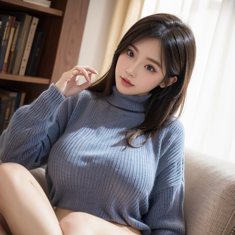 1_girl, solo, sksbrooke person, sksbrooke, (masterpiece:1.2), (best quality:1.2), perfect eyes, perfect face, 1girl, solo, brown eyes, (medium breasts), perky breasts, wearing a blue sweater dress, living room background, sitting on couch, leg spread