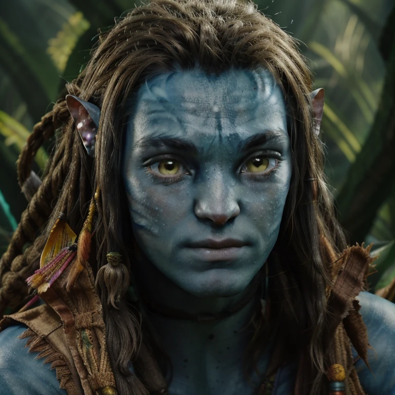 avatar style, portrait:1.6, 1boy, male, naavi, (AvSpider), (blue skin tone:1.0), (long hair:1.0), dreadlocks, black hair color, (yellow eyes), pointy ears, (young adult), 18 years old:1, face wrinkles, wearing tribal clothing, detailed eyes, toned body, muscled body, vibrant colors, glowing, ethereal atmosphere, surrealistic dreamy lighting, textured skin, otherworldly beauty, mesmerizing photography, (best quality, highres), vivid colors, ultrarealistic, skin details, striped skin, sfw, face close-up:0.5, ultradetailed body