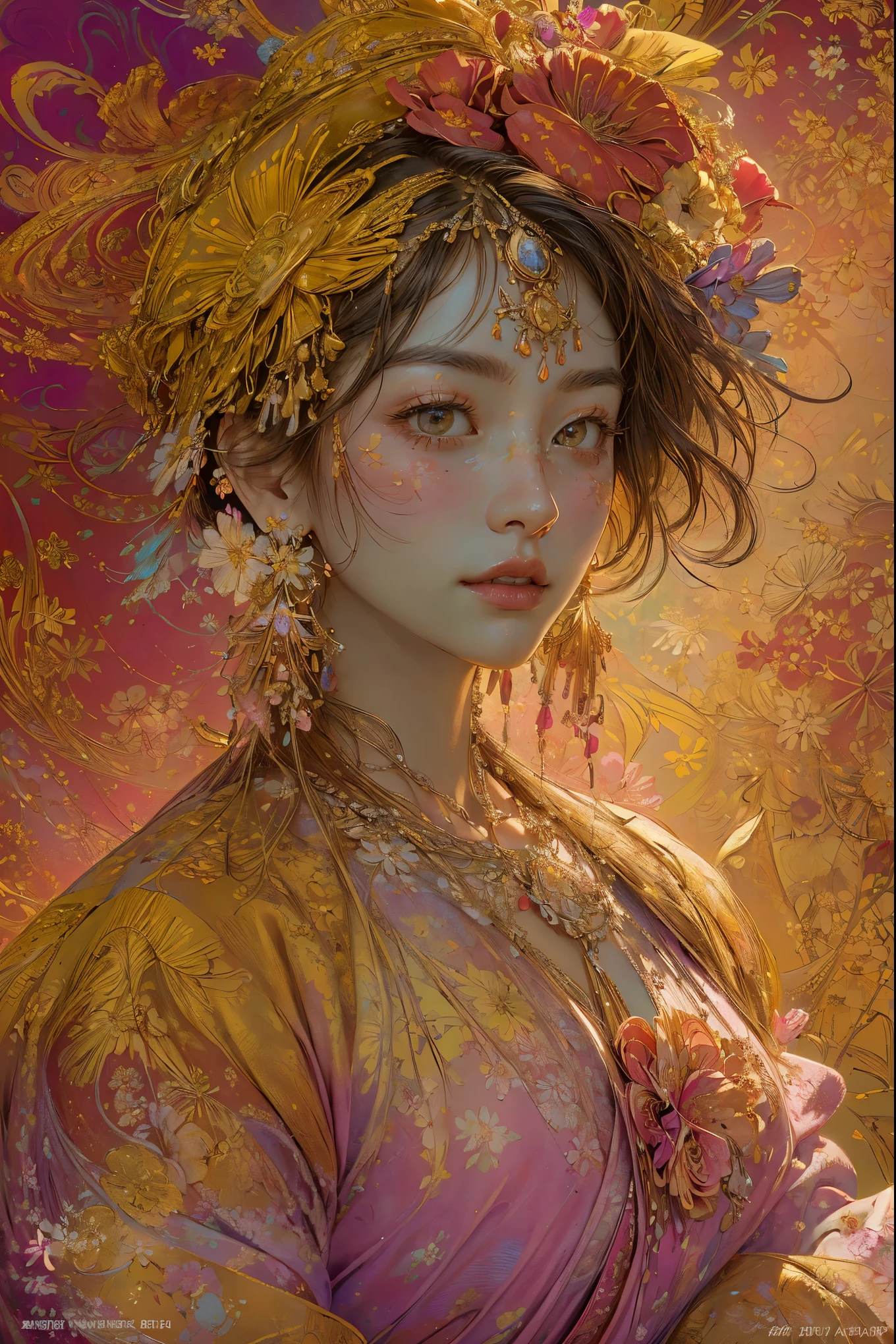 (masterpiece、highest quality、highest quality、Official Art、Beautiful, beautiful:1.5)、Picturesque、sketch、texture、超A high resolution、alone、Beautiful woman、Very detailed、(Fractal Art:1.1)、(colorful:1.1)(Floral:1.6)、Most detailed、(Tangled:1.2)、(Dynamic pose)、(Abstract background:1.3)、(Shiny skin)、(Many colors:0.8)、(Earrings:1.4)、(feather:0.9)、Taisho romance