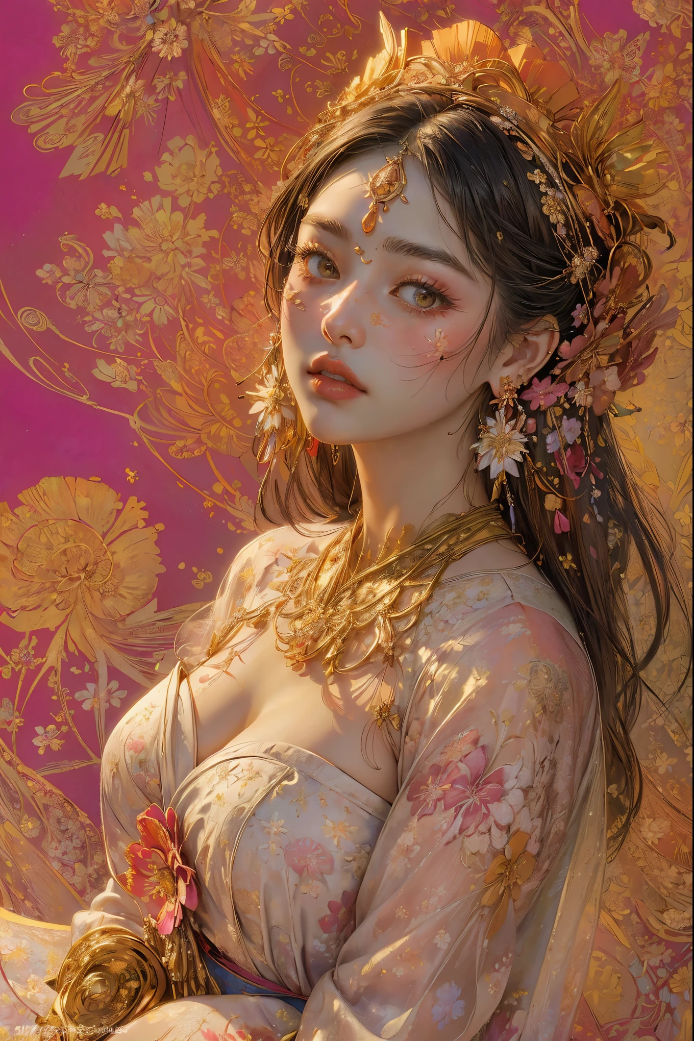 (masterpiece、highest quality、highest quality、Official Art、Beautiful, beautiful:1.5)、Picturesque、sketch、texture、超A high resolution、alone、Beautiful woman、Very detailed、(Fractal Art:1.1)、(colorful:1.1)(Floral:1.6)、Most detailed、(Tangled:1.2)、(Dynamic pose)、(Abstract background:1.3)、(Shiny skin)、(Many colors:0.8)、(Earrings:1.4)、(feather:0.9)、Taisho romance