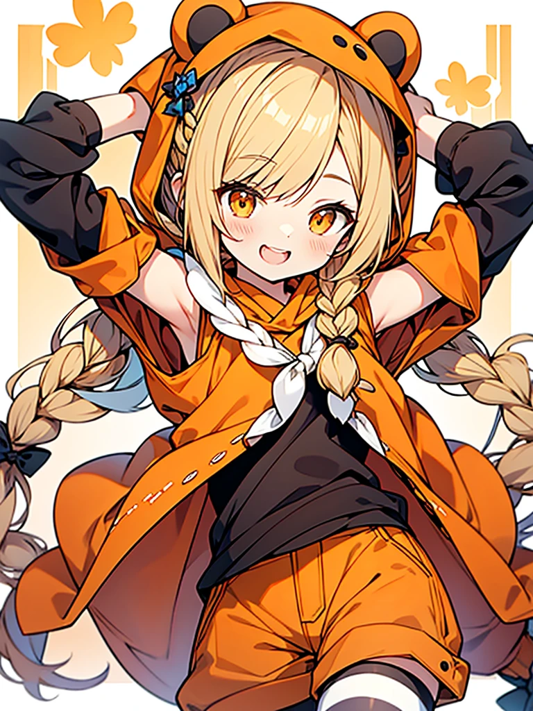 beautiful anime style,bear ears orange hood,
honey blonde braided twintails hair,orange sleeveless witch clothes,short pants,striped tights,laugh,