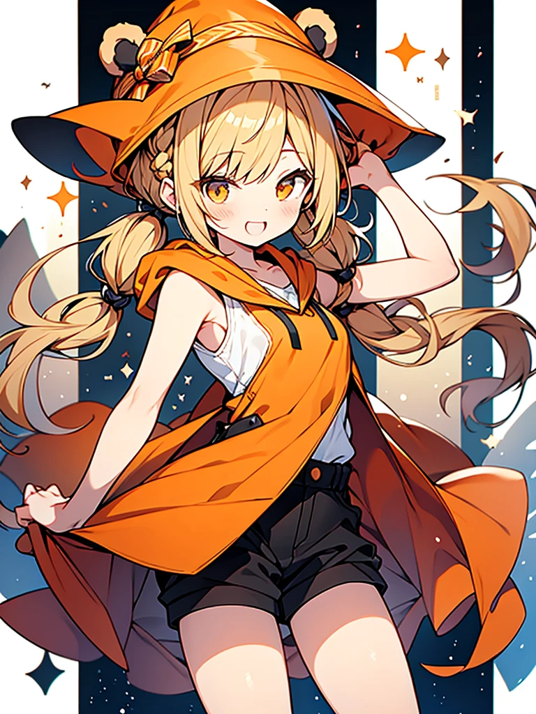 beautiful anime style,bear ears orange hood,
honey blonde braided twintails hair,orange sleeveless witch clothes,short pants,striped tights,laugh,