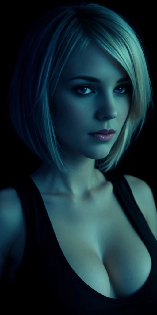 Cortana face, detailed, full lips, hair blond bob cut, big boob, large breasts, black tank top