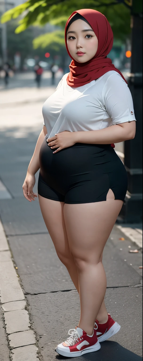 1 chinese-Indonesian girl, modern plain hijab, shy, medium portrait, watery eyes,  ((small breasts)), black bokeh background, well-proportioned body,, chubby massive thighs, full body pose, Hena art on the body, hena art on arms, full body view , wearing red sneakers , fat legs, massive thighs , 