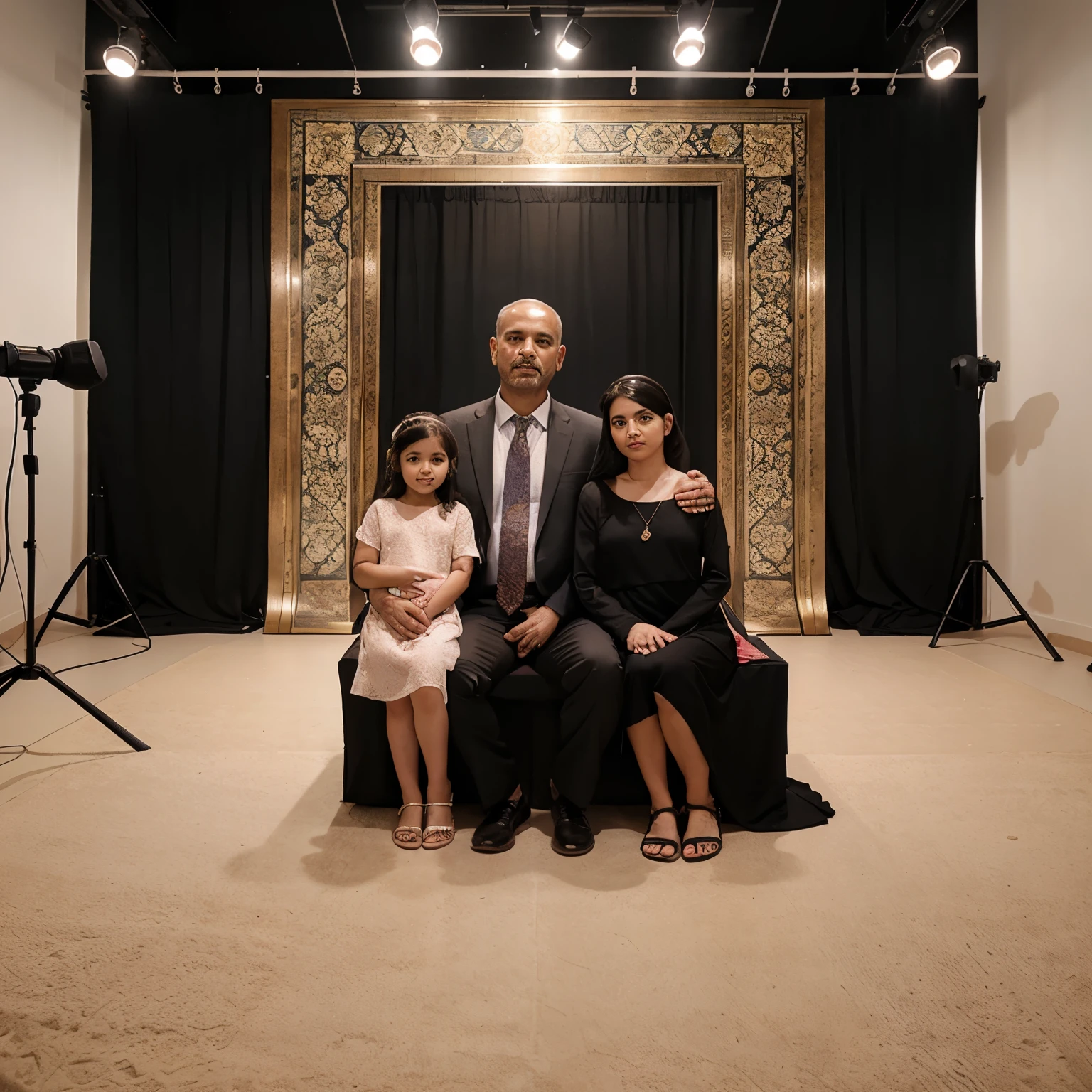 family photo of mother, father and 3 year old daughter in a photo studio with an Islamic theme