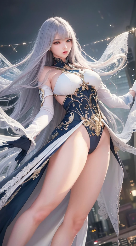 ((Mastepiece))、((Best Quality))、high quality、High definition、High resolution、High detail、Lens flare、Ray Tracing、Side light、high qualityなshadow、high qualityなテクスチャ、Detailed texture、Beautiful details、Full Figure、whole body、(Beautiful delicate face with details、Detailed beautiful delicate eyes、Perfect Facial Proportions、Detailed skin、Charm、Realistic and colorful)、((Slender beauty)) 、(Intricate detailakeup、Pure Eros Face)、Mesh hair color、Beautiful bangs、Detailed chest、Large upward-facing breasts、Beautiful feet、Detailed fingertips、Raise your arms、See-through、mechanical uniform、1 woman、Cyberpunk City