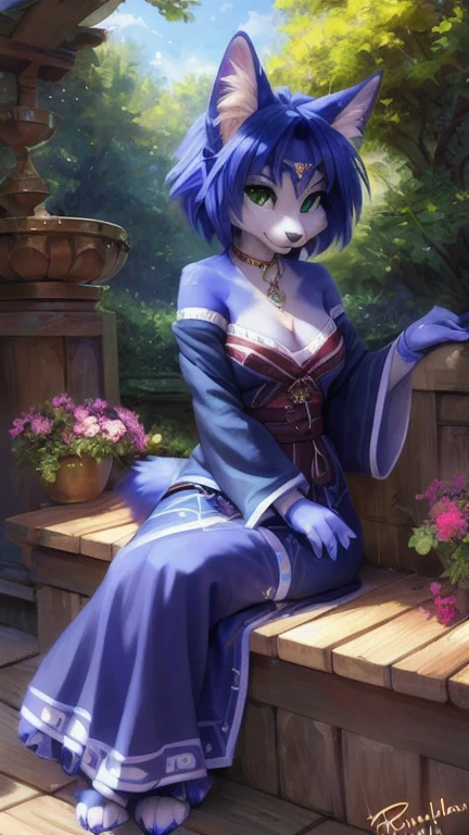 A beautiful and detailed (cute full body portrait) von ((Krystal)), Sternenfuchs Krystal, Schlank, liebenswert, green eyes, medium breasts, (((Lange blaue Haare 1.3))),  ((schwarze haarspitzen)), Dekollete, Grinsen, hoch schauen,, anthro, Pelzig, Hochgeladen E621, detailed flauschige fur, (von Fluff-Kevlar, Bayard Wu, personalami, Pino Daeni), detailliertes Gesicht, (flauschige), 1 girl, Allein, wears a kimono, befindet sich in einem japanischen dorf