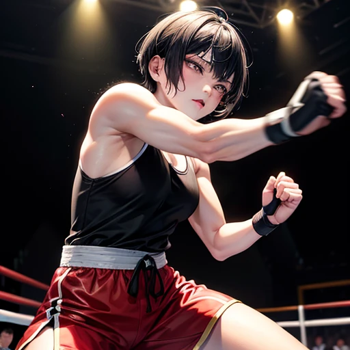 During a match in a martial arts ring、Short black hair、I'm in a hurry、Slender body、Shortness of breath with open mouth、Very sweaty and wet、Poor body、A cute Japanese high school girl with small breasts、He is punching a muscular female athlete who is guarding with her arms、Sports Bra、High leg shorts、Open Finger Gloves、