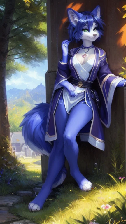 A beautiful and detailed (cute full body portrait) von ((Krystal)), Sternenfuchs Krystal, Schlank, liebenswert, green eyes, medium breasts, (((Lange blaue Haare 1.3))),  ((schwarze haarspitzen)), Dekollete, Grinsen, hoch schauen,, anthro, Pelzig, Hochgeladen E621, detailed flauschige fur, (von Fluff-Kevlar, Bayard Wu, personalami, Pino Daeni), detailliertes Gesicht, (flauschige), 1 girl, Allein, wears a kimono, befindet sich in einem japanischen dorf