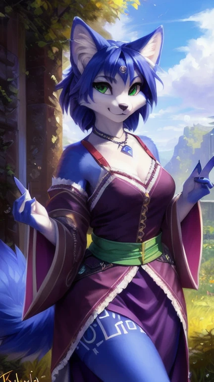 A beautiful and detailed (cute full body portrait) von ((Krystal)), Sternenfuchs Krystal, Schlank, liebenswert, green eyes, medium breasts, (((Lange blaue Haare 1.3))), ((schwarze haarspitzen)), Dekollete, Grinsen, hoch schauen,, anthro, Pelzig, Hochgeladen E621, detailed flauschige fur, (von Fluff-Kevlar, Bayard Wu, personalami, Pino Daeni), detailliertes Gesicht, (flauschige), 1 girl, Allein, wears a kimono, befindet sich in einem japanischen dorf
