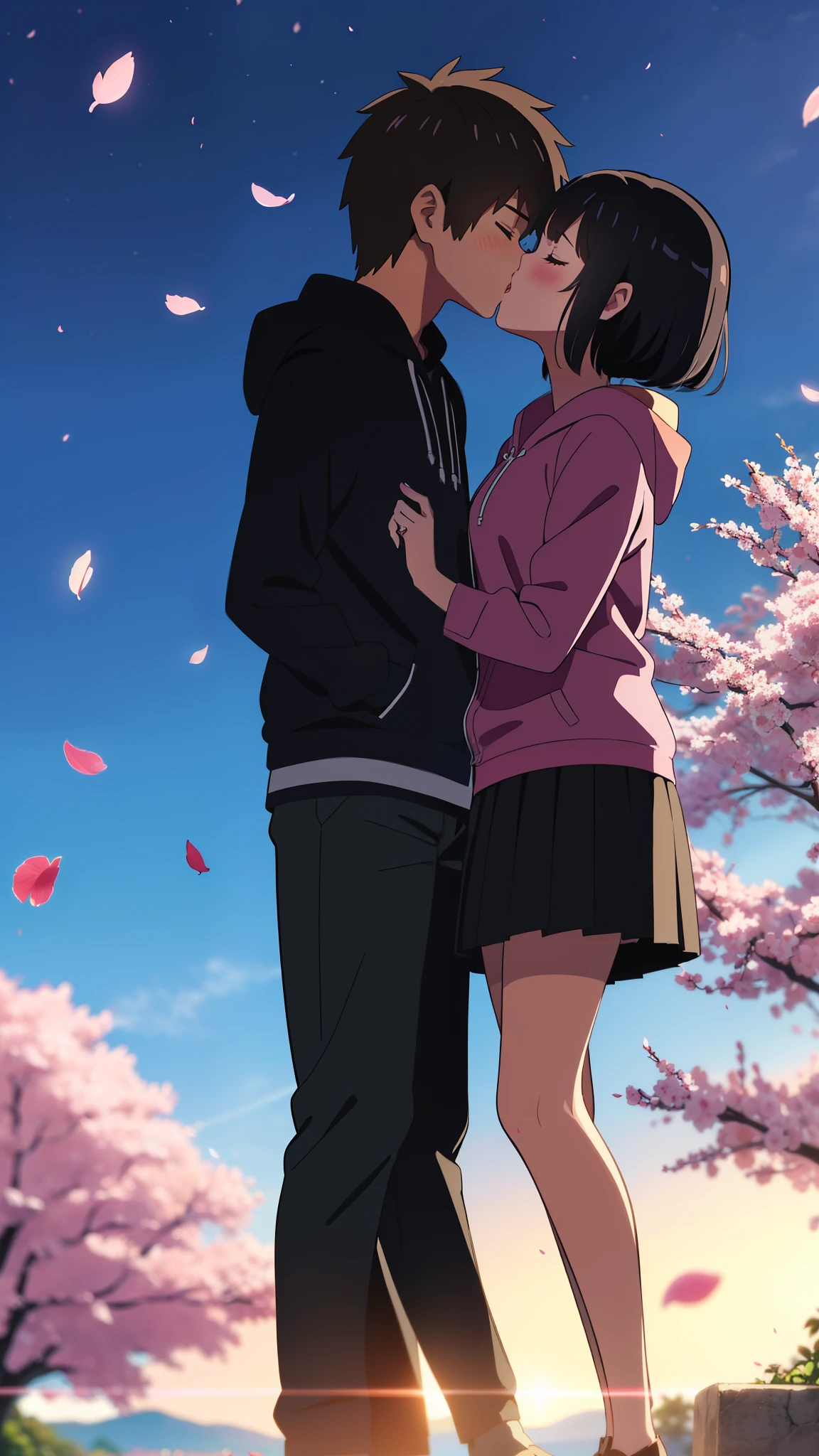 shinkai makoto, kimi no na wa., 1girl, 1boy, bangs, black hair, short hair, blush, casual clothes (boy wear shorts), ((girl wear skirt)), hood, hoodie, cute, love, couple, adorable, dating, (((kiss, deep kiss))), closed eyes, outdoors, night, night sky, dynamic lights, cherry_blossoms, falling_petals, petals, branch, pink_flower, spring_season, wind, tree, upper-body