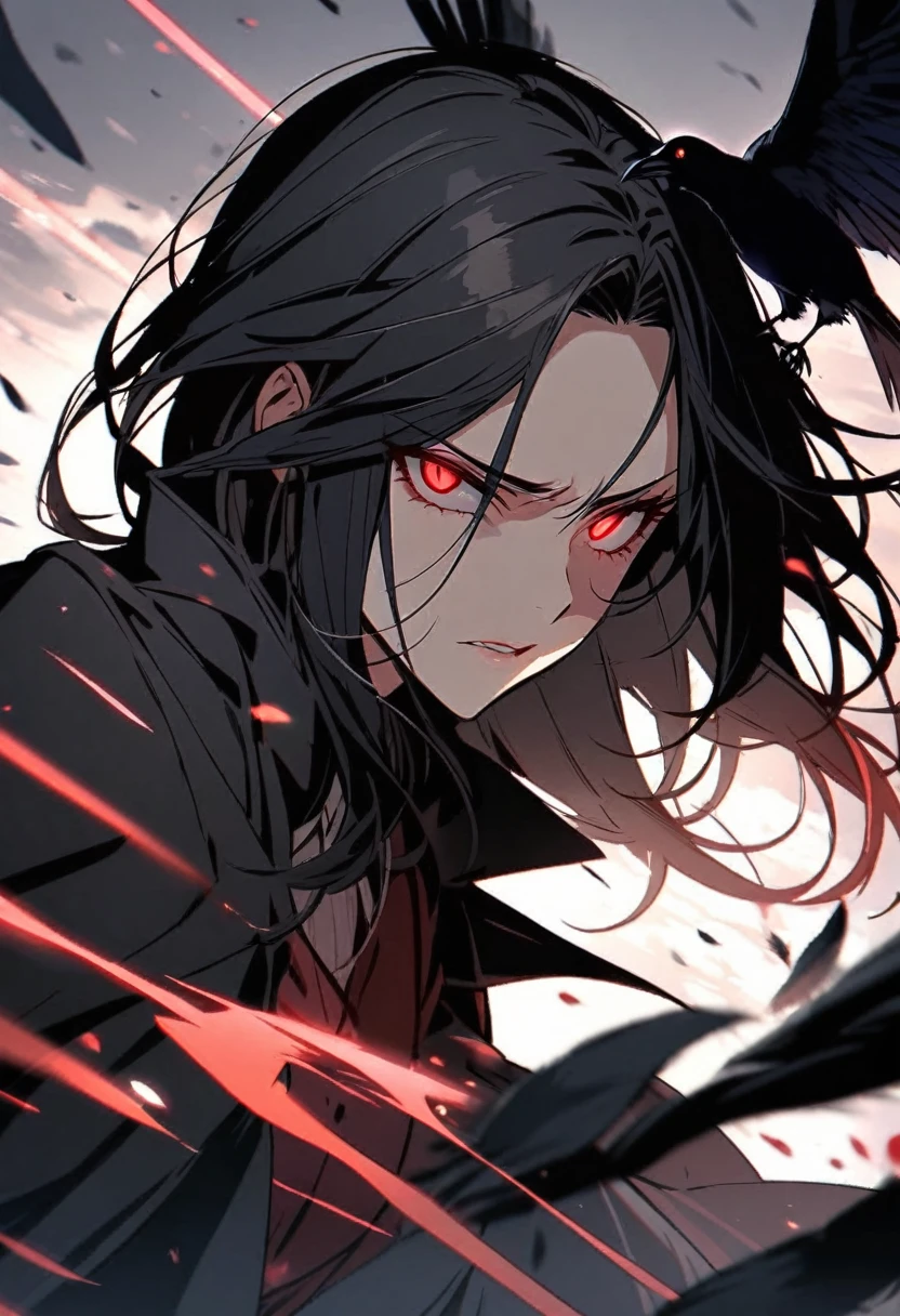 woman, vest, black cloak, red eyes, black hair, crow, evil, murder, glowing eyes, parted bangs