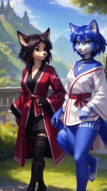 A beautiful and detailed (cute full body portrait) von ((Krystal)), Sternenfuchs Krystal, Schlank, liebenswert, green eyes, medium breasts, (((Lange blaue Haare 1.3))),  ((schwarze haarspitzen)), Dekollete, Grinsen, hoch schauen,, anthro, Pelzig, Hochgeladen E621, detailed flauschige fur, (von Fluff-Kevlar, Bayard Wu, personalami, Pino Daeni), detailliertes Gesicht, (flauschige), 1 girl, Allein, wears a kimono, befindet sich in einem japanischen dorf