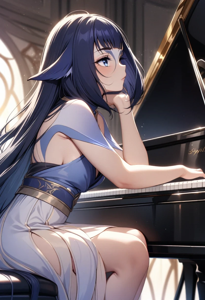 (shylily/(Twich/):1.5),(masterpiece:1.2),(best quality:1.2),1 Girl, Solitary, Long hair, piano, Musical Instruments, skirt, white skirt, Looking at the audience, Light Particles, Shut up, indoors, jewelry, sleeveless, Bare shoulders, Bangs, from the side, head rest on piano, Head tilt,black Rose, Beautiful and delicate eyes, Detailed background,