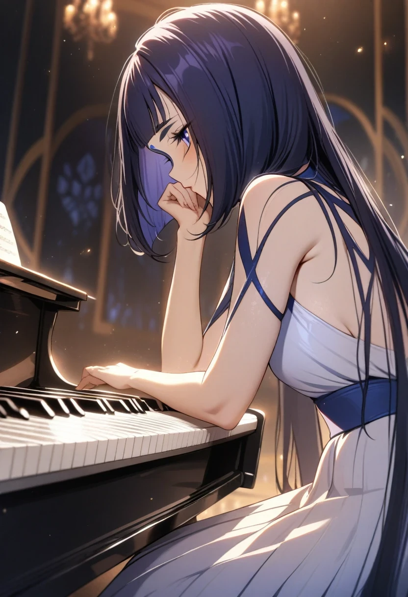 (shylily/(Twich/):1.5),(masterpiece:1.2),(best quality:1.2),1 Girl, Solitary, Long hair, piano, Musical Instruments, skirt, white skirt, Looking at the audience, Light Particles, Shut up, indoors, jewelry, sleeveless, Bare shoulders, Bangs, from the side, head rest on piano, Head tilt,black Rose, Beautiful and delicate eyes, Detailed background,