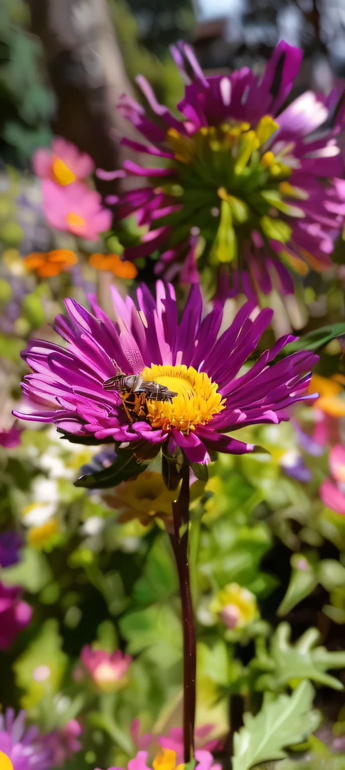 purple flowers with a bee on them in a garden, (bee), ari aster, chrysanthemum eos-1d, pink bees, photo taken with sony a7r, photo taken with nikon d750, photo taken with nikon d 7 5 0, purple and yellow, bee, chrysanthemum, scintillating, posing for camera