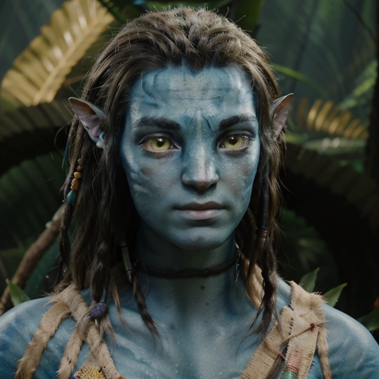avatar style, portrait:1.6, 1boy, male, naavi, (AvSpider), (blue skin tone:1.0), (long hair:1.0), dreadlocks, black hair color, (yellow eyes), pointy ears, (young adult), 18 years old:1, face wrinkles, wearing tribal clothing, detailed eyes, toned body, muscled body, vibrant colors, glowing, ethereal atmosphere, surrealistic dreamy lighting, textured skin, otherworldly beauty, mesmerizing photography, (best quality, highres), vivid colors, ultrarealistic, skin details, striped skin, sfw, face close-up:0.5, ultradetailed body