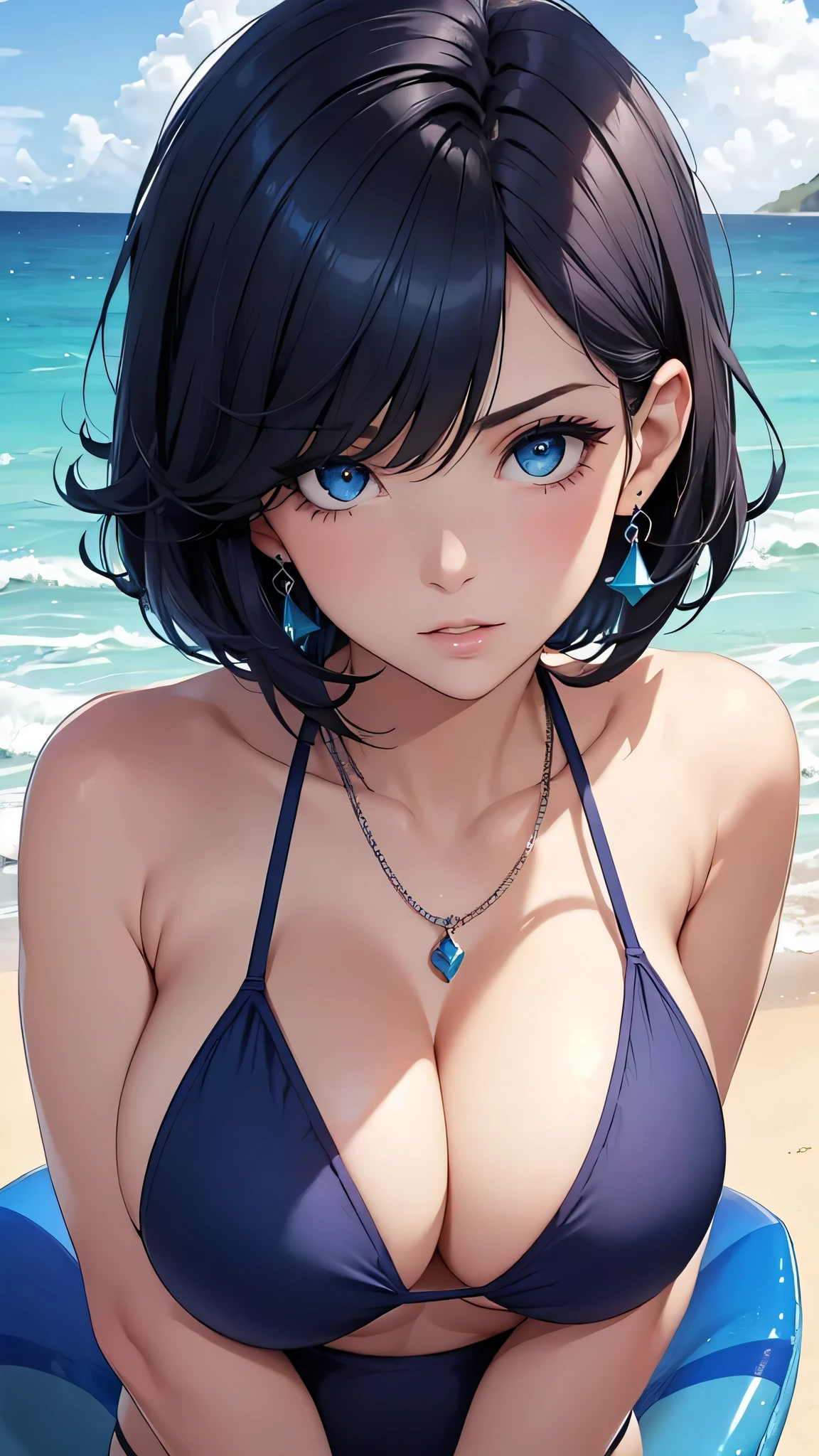 beauty,Dark blue short hair(Inward Curling Bob) ,blue eyes,Navy Blue Bikini、Big cleavage、(Big Breasts)、Embarrassed look、blue necklace、blue earrings、background(Beach)、look up