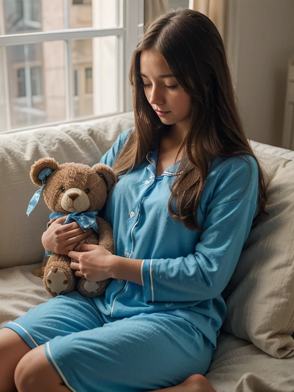 A girl with brown long and straight hair is wearing a blue children's style pajama. She is peacefully falling asleep while holding a teddy bear. The scene is depicted using digital art medium with the best quality and high resolution. The atmosphere is peaceful with soft lighting and bright colors.