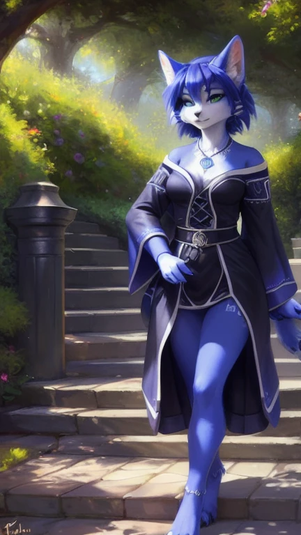 A beautiful and detailed (cute full body portrait) von ((Krystal)), Sternenfuchs Krystal, Schlank, liebenswert, green eyes, medium breasts, (((Lange blaue Haare 1.3))), ((schwarze haarspitzen)), Dekollete, Grinsen, hoch schauen,, anthro, Pelzig, Hochgeladen E621, detailed flauschige fur, (von Fluff-Kevlar, Bayard Wu, personalami, Pino Daeni), detailliertes Gesicht, (flauschige), 1 girl, Allein, wears a kimono, befindet sich in einem japanischen dorf