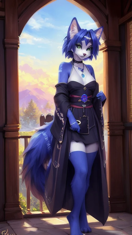 A beautiful and detailed (cute full body portrait) von ((Krystal)), Sternenfuchs Krystal, Schlank, liebenswert, green eyes, medium breasts, (((Lange blaue Haare 1.3))),  ((schwarze haarspitzen)), Dekollete, Grinsen, hoch schauen,, anthro, Pelzig, Hochgeladen E621, detailed flauschige fur, (von Fluff-Kevlar, Bayard Wu, personalami, Pino Daeni), detailliertes Gesicht, (flauschige), 1 girl, Allein, wears a kimono, befindet sich in einem japanischen dorf