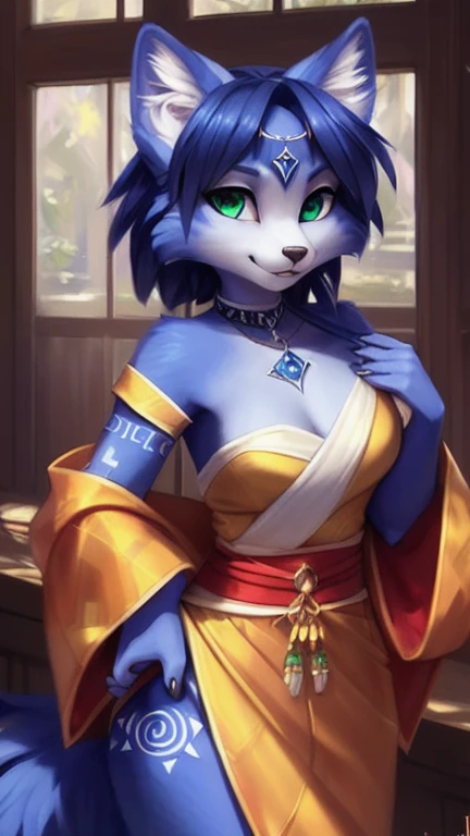 A beautiful and detailed (cute full body portrait) von ((Krystal)), Sternenfuchs Krystal, Schlank, liebenswert, green eyes, medium breasts, (((Lange blaue Haare 1.3))),  ((schwarze haarspitzen)), Dekollete, Grinsen, hoch schauen,, anthro, Pelzig, Hochgeladen E621, detailed flauschige fur, (von Fluff-Kevlar, Bayard Wu, personalami, Pino Daeni), detailliertes Gesicht, (flauschige), 1 girl, Allein, wears a kimono, befindet sich in einem japanischen dorf