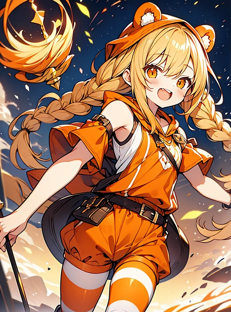 beautiful anime style,bear ears orange hood,
honey blonde braided twintails hair,orange sleeveless witch clothes,short pants,striped tights,laugh,