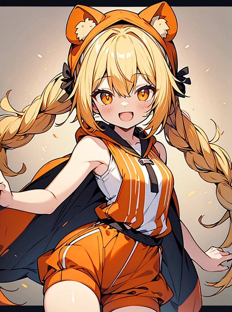 beautiful anime style,bear ears orange hood,
honey blonde braided twintails hair,orange sleeveless witch clothes,short pants,striped tights,laugh,