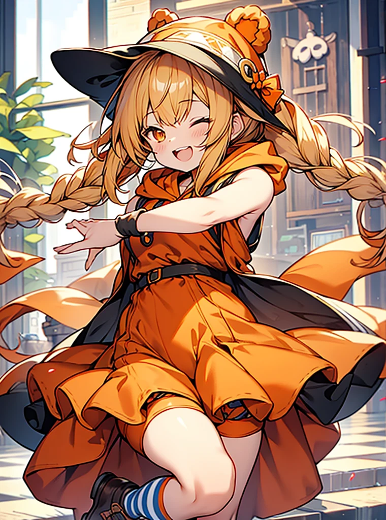 beautiful anime style,bear ears orange hood,
honey blonde braided twintails hair,orange sleeveless witch clothes,short pants,striped tights,laugh,