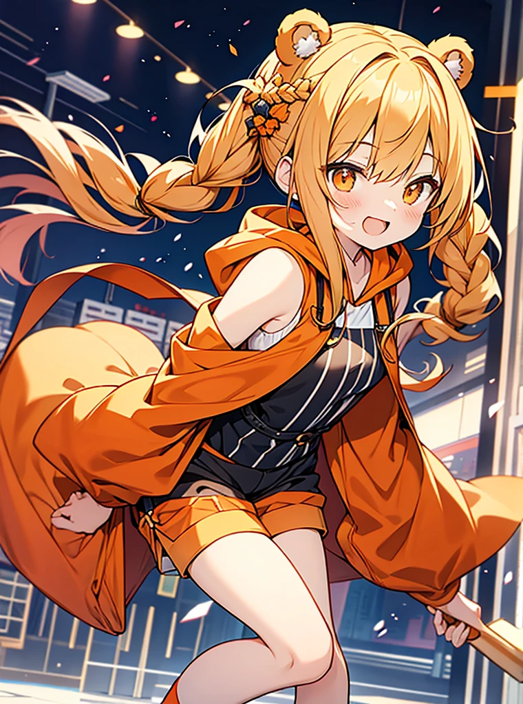 beautiful anime style,bear ears orange hood,
honey blonde braided twintails hair,orange sleeveless witch clothes,short pants,striped tights,laugh,