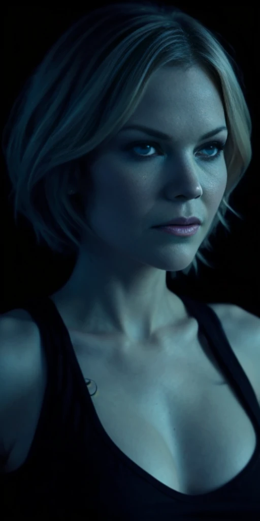 JenniferMorrison face, detailed, full lips, hair blond bob cut, big boob, large breasts, black tank top