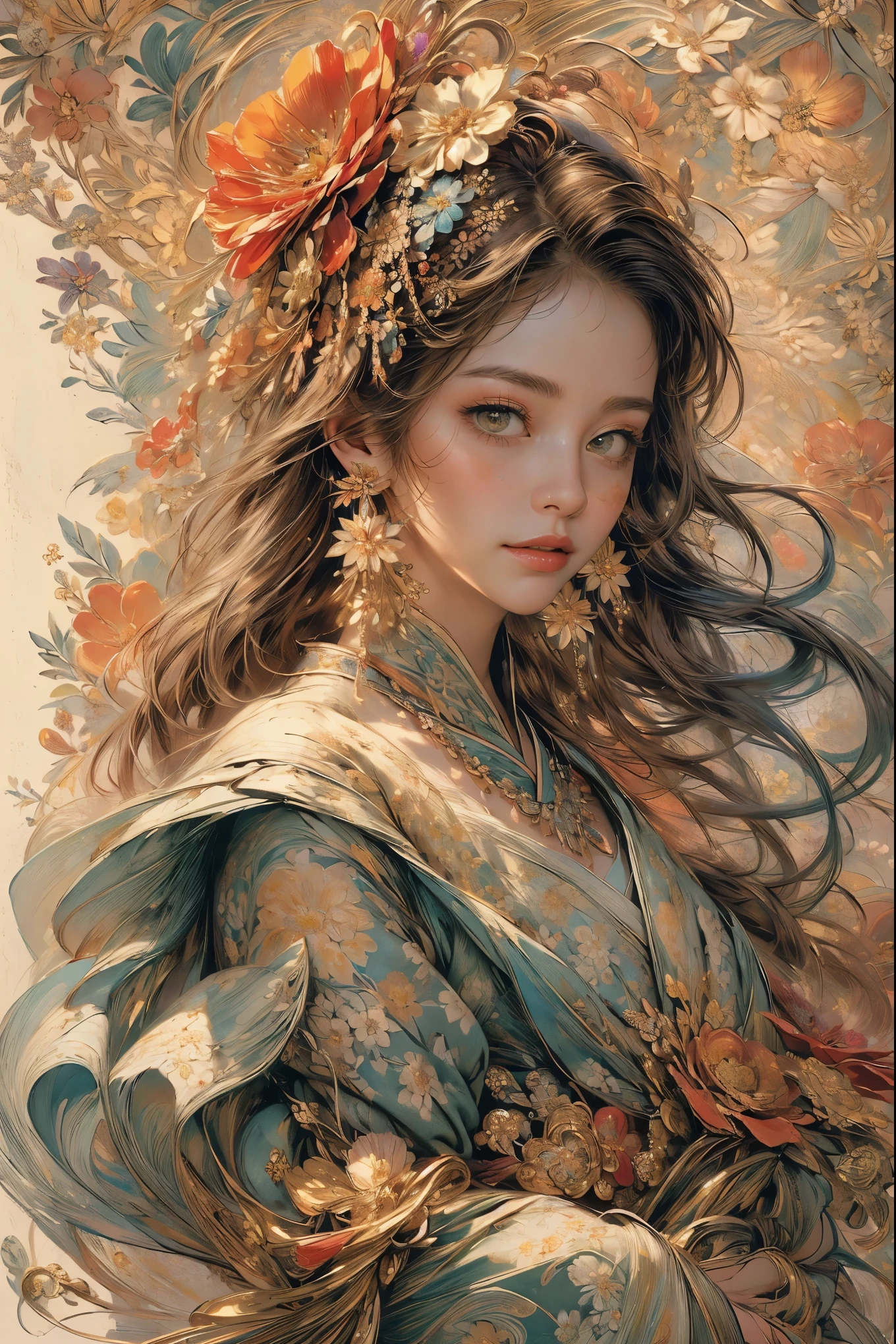 (masterpiece、highest quality、highest quality、Official Art、Beautiful, beautiful:1.5)、Picturesque、sketch、texture、超A high resolution、alone、Beautiful woman、Very detailed、(Fractal Art:1.1)、(colorful:1.1)(Floral:1.6)、Most detailed、(Tangled:1.2)、(Dynamic pose)、(Abstract background:1.3)、(Shiny skin)、(Many colors:0.8)、(Earrings:1.4)、(feather:0.9)、Taisho romance