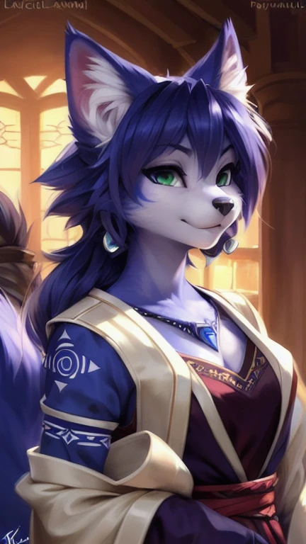 A beautiful and detailed (cute full body portrait) von ((Krystal)), Sternenfuchs Krystal, Schlank, liebenswert, green eyes, medium breasts, (((Lange blaue Haare 1.3))),  ((schwarze haarspitzen)), Dekollete, Grinsen, hoch schauen,, anthro, Pelzig, Hochgeladen E621, detailed flauschige fur, (von Fluff-Kevlar, Bayard Wu, personalami, Pino Daeni), detailliertes Gesicht, (flauschige), 1 girl, Allein, wears a kimono, befindet sich in einem japanischen dorf